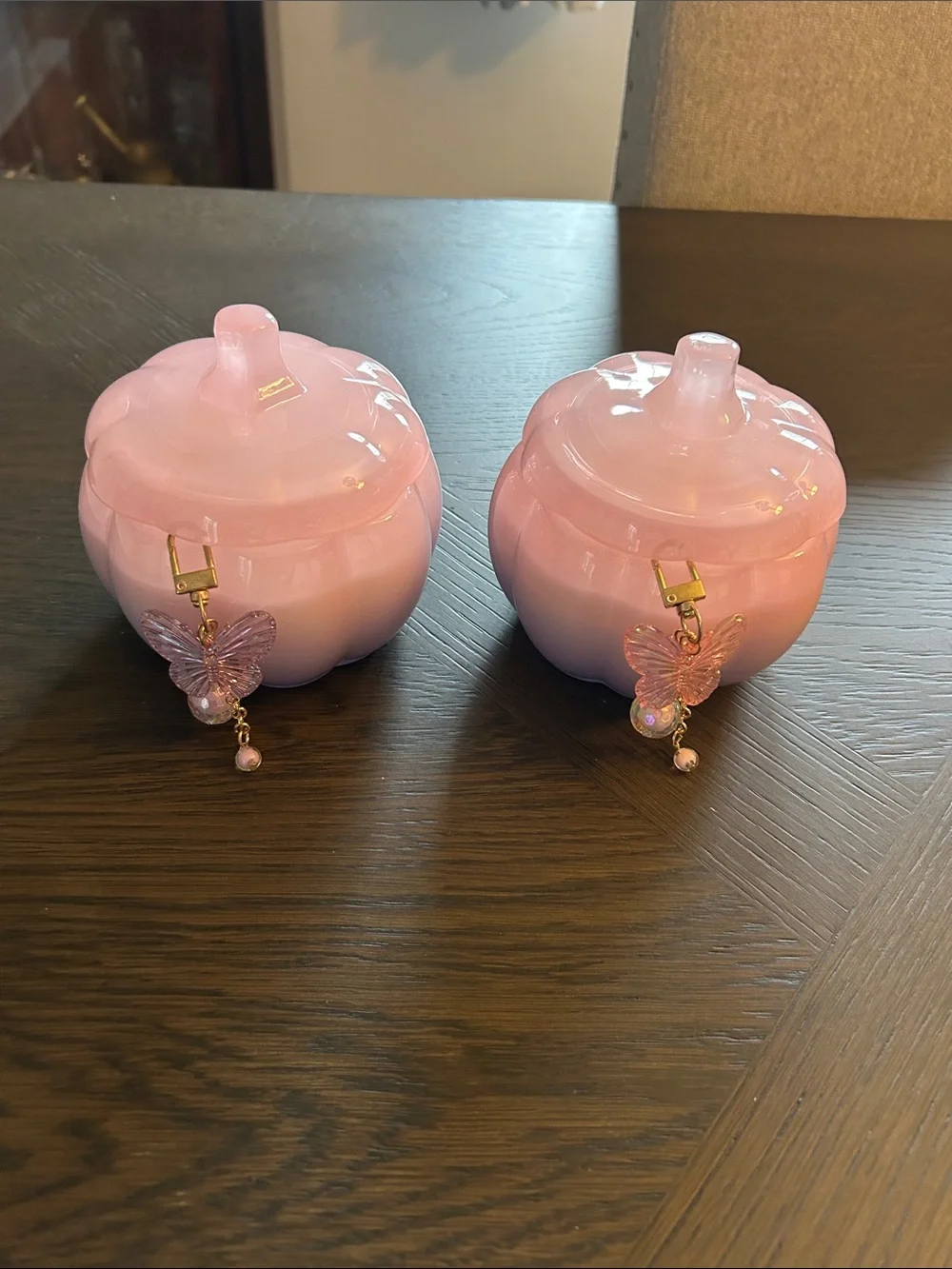 Pink Glass Pumpkin CANDLE  with Butterfly Charms PICK ONE